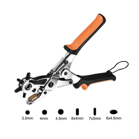 Heavy Duty Leather Hole Punch Tool, 3 In 1 with rotating punch head and 6 hole sizes, 250mm steel, drop-forged durability, shown with hole sizes