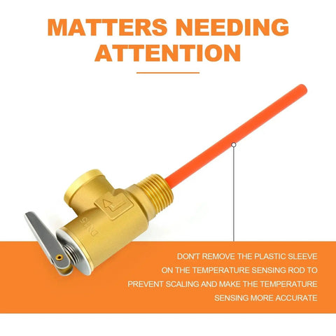 RV Water Heater Temperature And Pressure Relief Valve Half Inch NPT With Epoxy Coated Probe Brass Body Side View