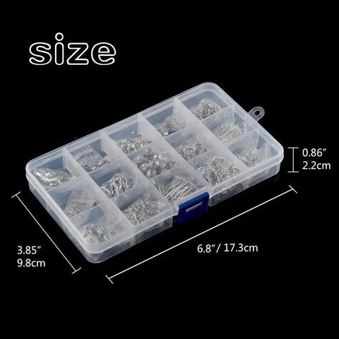 Clear plastic box with compartments for All In One Jewelry Making Kit With Fifteen Jewelry Findings, size details shown.