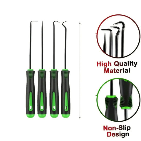 Set of four DIY Friendly Precision Pick And Hook Set For Cars And Auto Repair tools with green handles, featuring high quality material.