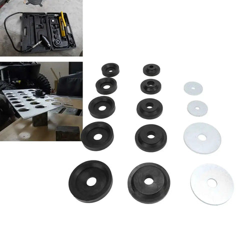 Sheet Metal Dimple Die Set 14 Pc Backing Disc Kit for Harbor Hydraulic Punch Driver, showing pieces and installation