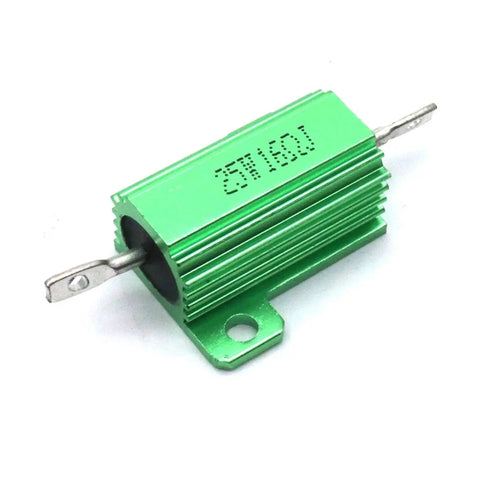 Green aluminum chassis-mount wirewound resistor with finned heatsink and mounting hole.