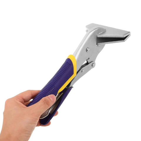 Hand holding a heavy duty pro grade sheet metal bender hand seamer pliers with non slip textured handle for HVAC and metalworking