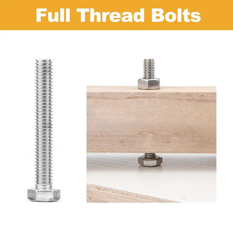 Heavy Duty 304 Stainless Steel Hex Bolts Kit with 405 pieces installed in wood, showing full thread bolts and durability.