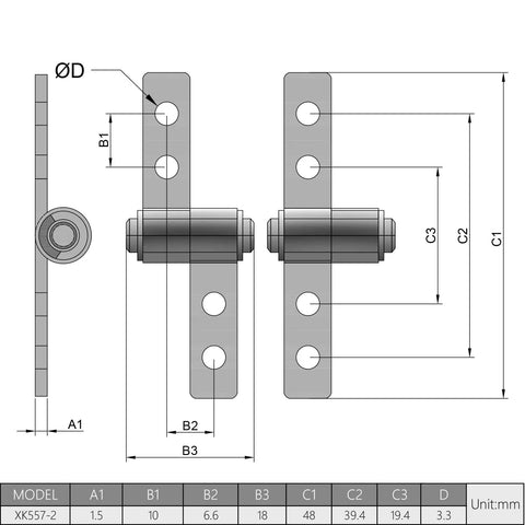Technical drawing of Torque Friction Positioning Door Hinge 48mm Long 2 Pack Silver Tone Nickel Plated Metal Hinges with measurements.