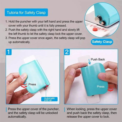 Instructions for using the safety clasp on the 6 Hole Punch Handheld Metal Craft Tool For Binding Notebooks And Scrapbooks, 5 Sheet Capacity.