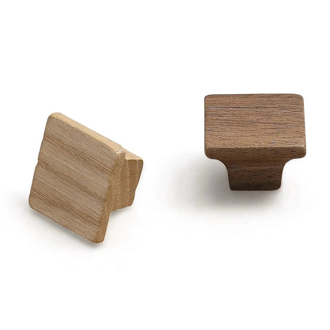 Wooden Cabinet Door Handles Four Pack Minimalist Single Hole Drawer Pulls, 35mm Length, 23mm Diameter, showing two square wooden knobs