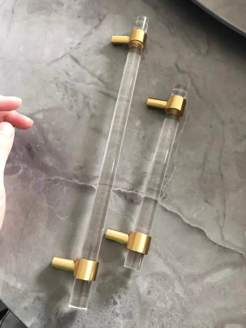 Adjustable Acrylic And Brass Cabinet Pulls With Center To Center Range 0 To 6 Point 2 Inches Four Piece Set in gold and clear finish