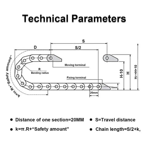 Technical diagram of CNC Cable Drag Chain 10mm By 10mm Inner Size, 1 Meter Length Bridge Type Non Openable, showing R18 Bend Radius.