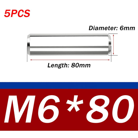 Five Pack 304 Stainless Steel Dowel Pins, Precision Ground Solid Pins For CNC Machines, Machinery, Woodworking, Automotive And Industrial Use, 6x80mm Beefy Built To Last Pins For Tight Fits, showing pin dimensions.