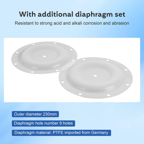 Set of two white PTFE diaphragms for air-operated double diaphragm pump, 230mm outer diameter with nine mounting holes.