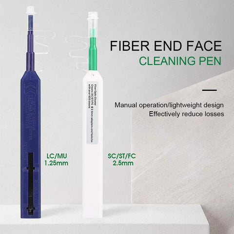Two blue and white fiber optic cleaner pens with one-click cleaning for LC/MU 1.25mm and SC/ST/FC 2.5mm connectors.
