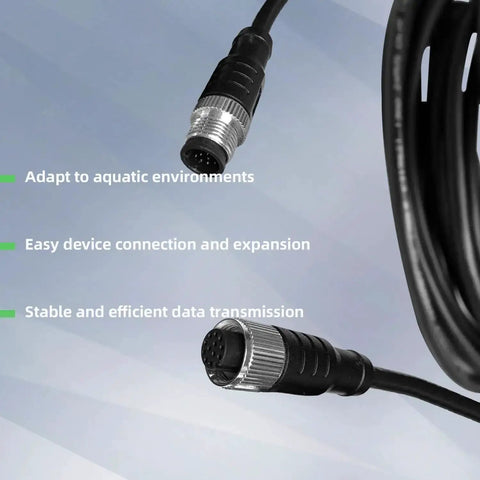 Close-up of M12 12 Pin A Code Connector Cable Male To Female IP67 Waterproof Industrial Extension Wire with text highlighting features.
