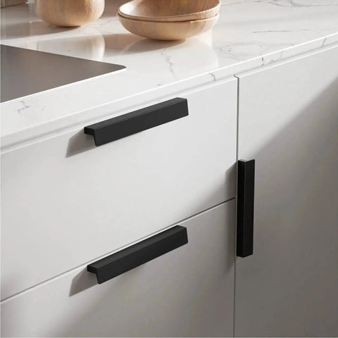 10 Pack 5 Inch Matte Black Cabinet Handles Drawer Pulls for Cabinets and Cupboards Modern Edge Pulls installed on white cabinets