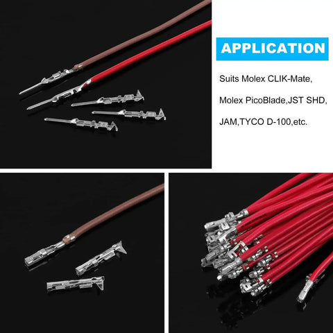 Micro Molex Crimper compatible connectors and wires for D Sub JST and JAE connectors showing precise fit with 32-20 AWG range.
