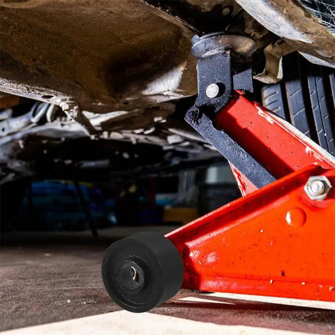 Universal Front Jack Wheels Replacement for Hydraulic Floor Jacks 2.56 Inch Bearing Caster Wheel Boosts Stability and Smooth Maneuverability for a No Brainer Heavy Duty Construction for Safe Lifting and Easy Positioning installed on a hydraulic jack under a car