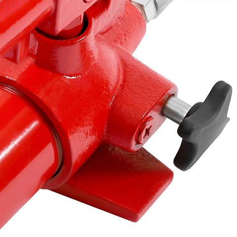 Close-up of a red hydraulic component from the 20 Ton Hydraulic Car Jack And Ram Kit For Body Frame Repair With Storage Case