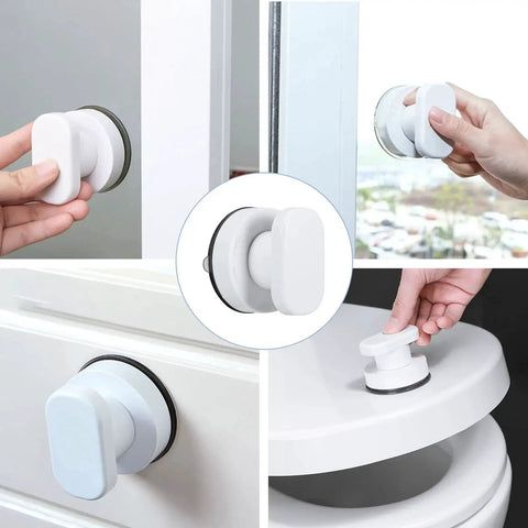 Two Pack Strong Suction Cup Handles For Glass Mirror Tile And Drawer Doors With Up To 7.5 Kilogram Load Capacity Durable ABS Construction Improved Grip For Bathroom Kitchen And Home Use shown in various installations on glass and drawer surfaces