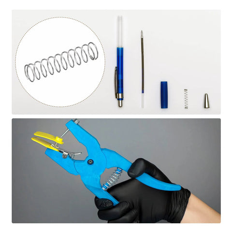 Compression springs set, 0.4x5 mm OD, 25 mm free length, 304 stainless steel, 10 pcs, silver

Blue hand crimping tool with yellow guard, visible compression spring in action