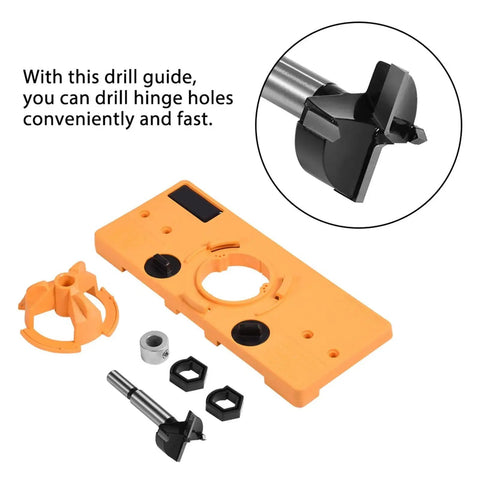 Durable 35mm Concealed Hinge Jig and Boring Hole Drill Guide Set for Woodworking, engineering plastic, parts displayed.