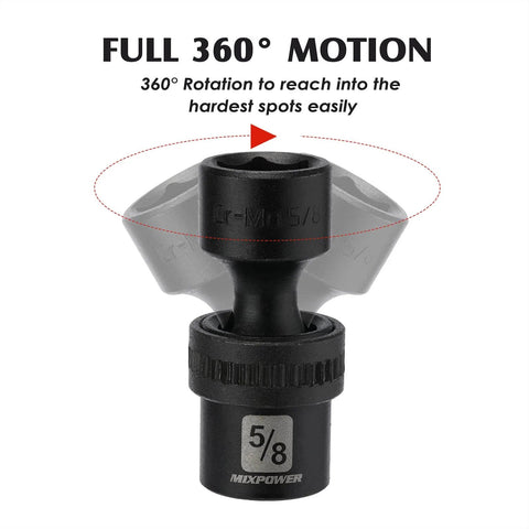Shallow Impact Universal Joint Swivel Socket Set Three Eighths Inch Drive flex wobble head with 360-degree motion label