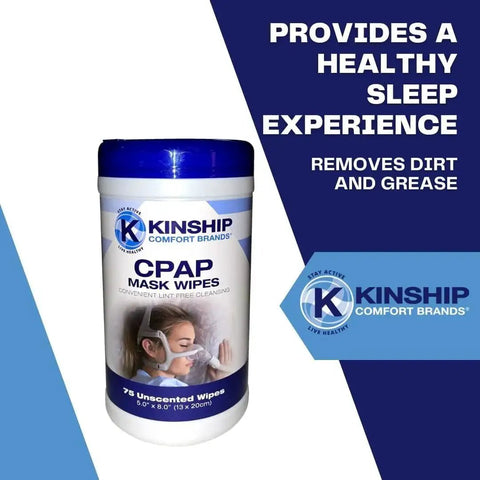 CPAP Mask Cleaning Wipes Unscented Lint Free Towelettes for Masks and Tubes 150 in blue container.