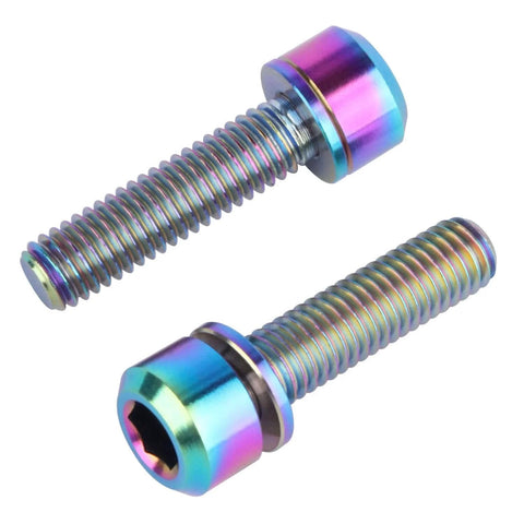 Dope Titanium Bike Stem Bolts M5x20mm Hex With Washer Stigma Chamfer Head Ultra Lightweight Yet Strong Perfect For Bicycle Stem Repairs And Upgrades Set Of 6, rainbow-colored titanium bolts with washers.