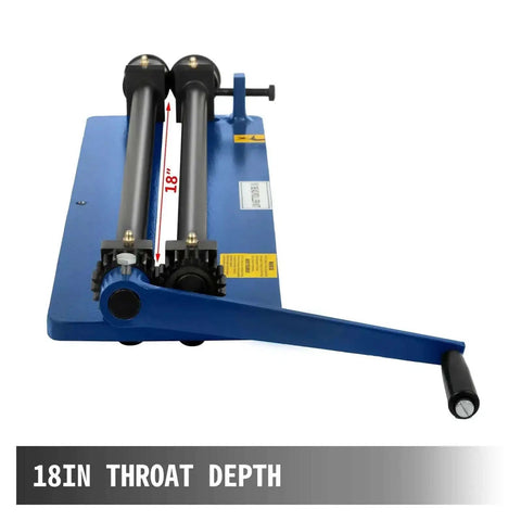 Front view of Heavy Duty 18 Inch Sheet Metal Bead Roller with 18 in throat depth, shown with handle and gear mechanism visible.