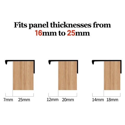 Diagram showing Brushed Gold Aluminum Alloy Concealed Drawer Pulls 2 Pack For Cabinets And Doors, fitting panels 16mm to 25mm thick.