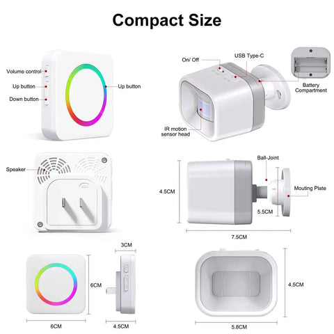 Driveway Alarm With Motion Sensor Door Chime 58 Melodies And 500 Feet Range Smart Detection features and compact size diagram