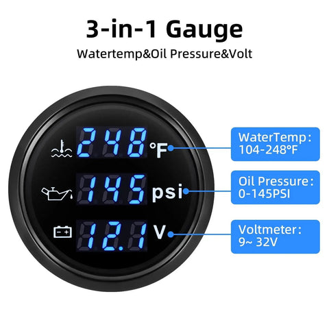 Triple Gauge Set 3 In 1 For Boats That Combines Oil Pressure Water Temperature And Voltmeter 52mm 2 Inch Marine Gauge Kit With Blue Backlight