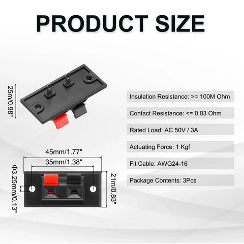 2 Way Spring Terminal Clip Push Release Connector Plate Jack Socket For Speaker Terminal Strip Block Test Clip Kit Eight Pieces with size dimensions and specs