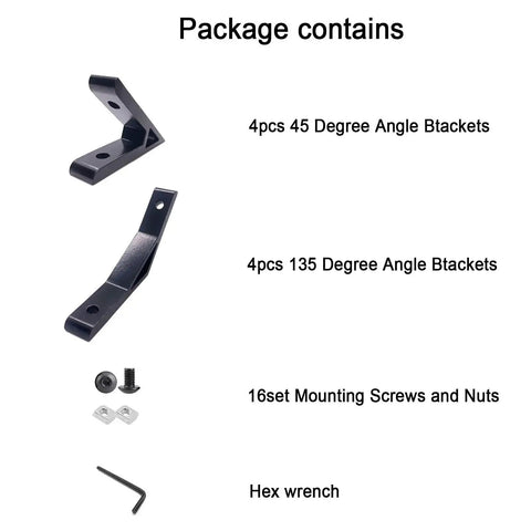 Package contents of Eight Corner Bracket Set for 20 Series Aluminum Extrusion with 45°/135° brackets, screws, T nuts, and hex wrench