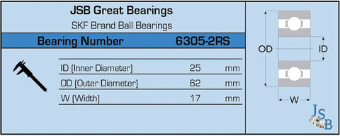 Diagram showing dimensions of Industrial Grade Deep Groove Ball Bearing 6305 2RS C3 25x62x17 MM with two sided rubber seals