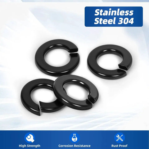 Top-down view of four black M6 split lock washers, 304 stainless steel, black finish