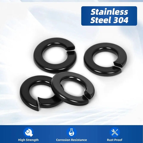 Half Inch Split Lock Washer 304 Stainless Steel 18 8 Spring Lock Washer For Bolts And Nuts Black Finish Pack Of 25 Built Tough Corrosion Resistant For Automotive Machinery Equipment, four washers on white background