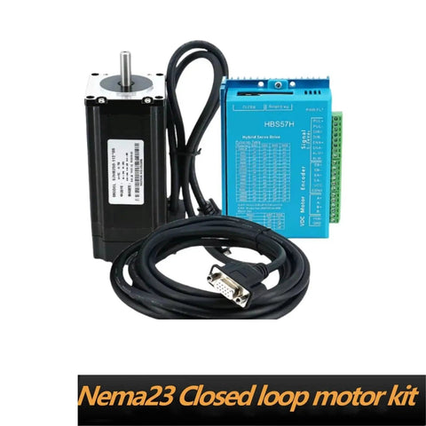 NEMA23 closed-loop stepper motor kit, front view, blue HBS57H hybrid servo drive and encoder cable