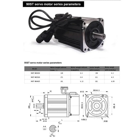 Front-right view of a 750W 220V AC servo motor with protruding shaft and bundled cables.