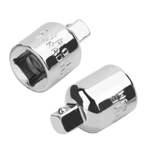Two chrome-plated 3/8 in to 1/4 in drive impact socket adapters, female to male, Cr-V, 2-pack.