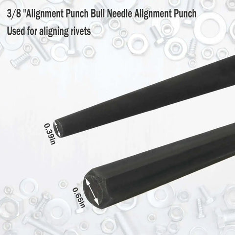 Line-Up Alignment Punch Set 3/8 Inch Cone Tip, 7/8 To 3/8 Inch Range, 15 Inch Long, Set Of 2, close-up of punch tips with measurements