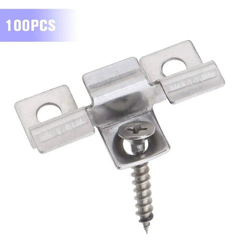Close-up of 100 pieces decking hidden spacer fasteners board clips with self tapping screws stainless steel DIY hardware.