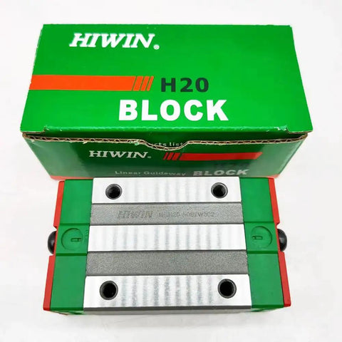 Beefy HGH20CA Linear Block Carriage with 20mm Square Linear Guide Rails packaged in green box for CNC applications