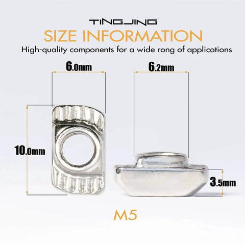 200 Pieces 2020 Series M5 T Nuts Hammer Head Fasteners Nickel Plated Carbon Steel T Slot Nuts size details