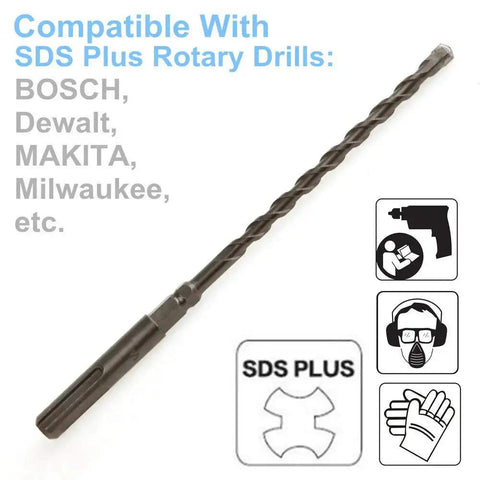 24 Piece SDS Plus Rotary Hammer Drill Bit Set For Concrete Three Sixteenth Inch By Seven Inch Bits With One Quarter Inch Hex Shank Tungsten Carbide Tip Braze Hardened For Long Life And Fast Masonry Tile Brick Drilling, showing a single bit compatible with various SDS Plus rotary drills.