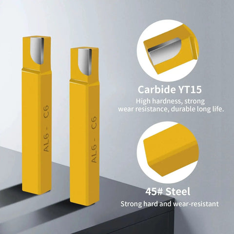 Two carbide C6 cutters for metal lathe AL6, marked with steel and carbide properties description, used in machining projects.