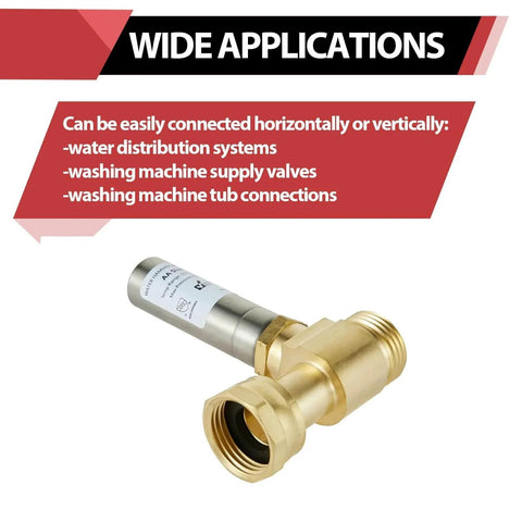 Pack Of 2 S241 Stainless Steel Water Hammer Arrestor For Washing Machine Supply Valves With Three Quarter Inch Swivel FHT And Three Quarter Inch MHT Connections, Heavy Duty Shock Absorber Up To 250 PSI shown in horizontal configuration