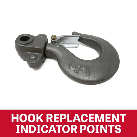 Close-up of hook component for 1.5 Ton Hand Chain Hoist With 30 Ft Lift And 360 Degree Rotating Hooks, showing replacement indicator points.