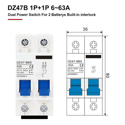 DC Battery and EV Circuit Breaker Workhorse 12V-48V, 2 Pole Mini MCB, front view with specs, auto switch for cars and home use.