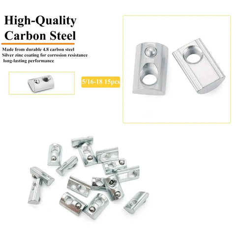 Set Of Fifteen Five Sixteenth Inch Eighteen Thread T Nuts Spring Loaded With Ball Bearings In Silver Zinc Plated Carbon Steel