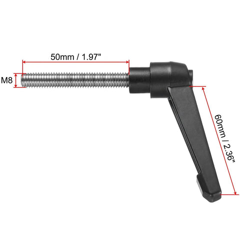 Side view of Adjustable Clamping Lever Handle M8 X 50mm 304 Stainless Steel Black, highlighting 50mm thread and 60mm lever.